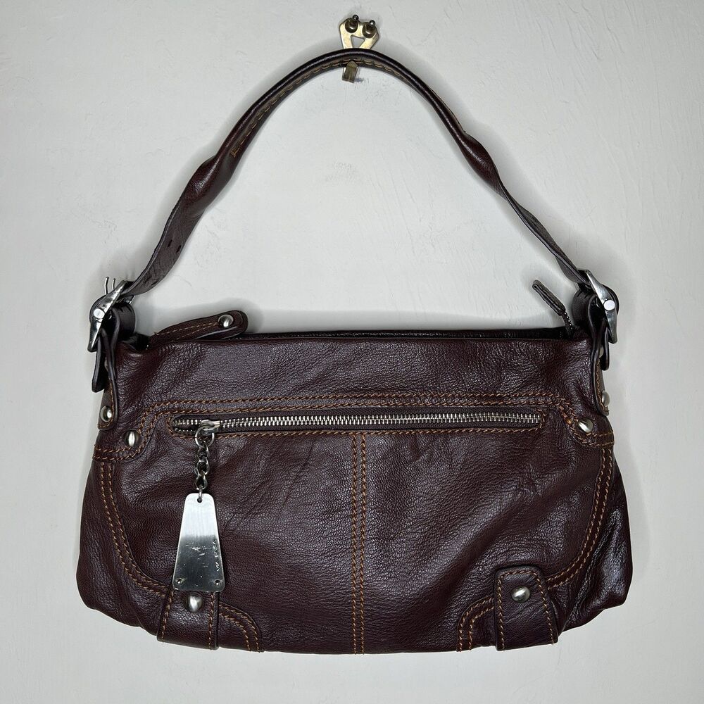 Via Spiga Brown Leather Shoulder Bag Purse Silver Hardware Buckle Strap y2k